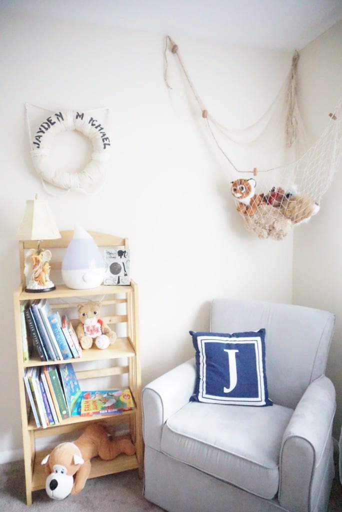 nursery glider, nursery book case, nautical, fish net, initial bookcase