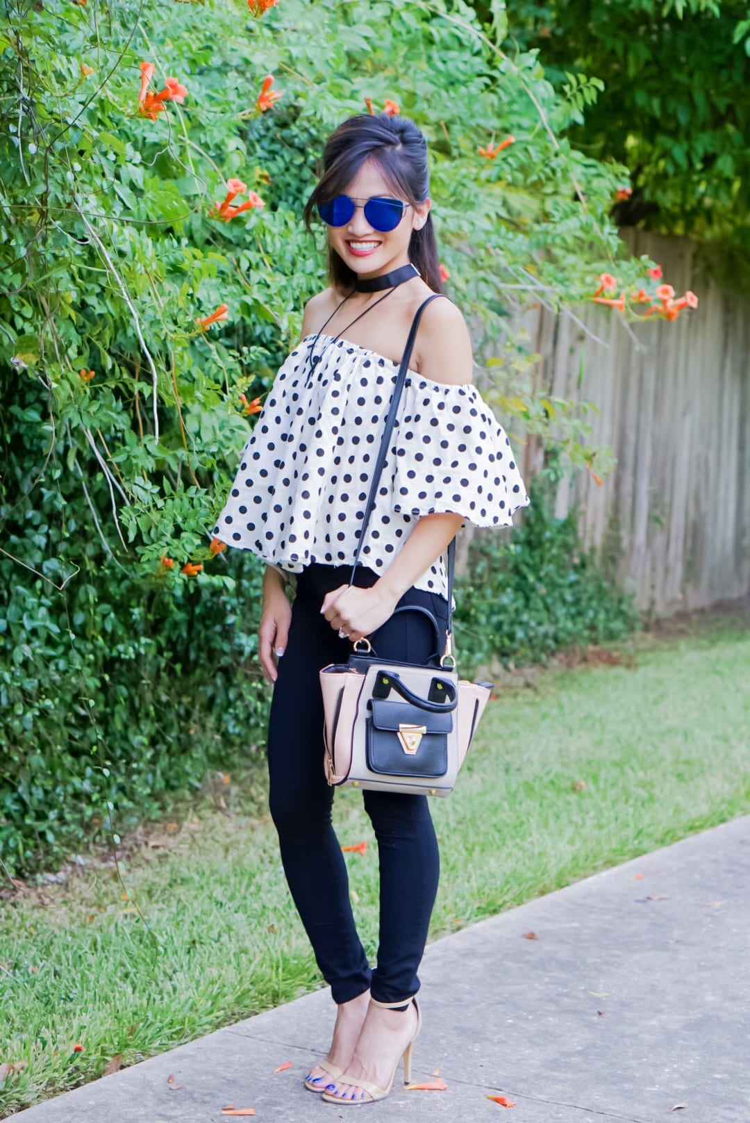 Blogging Photography Q&A, date night outfit, polka dots, off the shoulder tops.