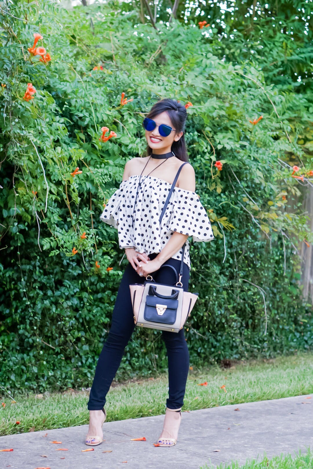 Blogging Photography Q&A, date night outfit, polka dots, off the shoulder tops.