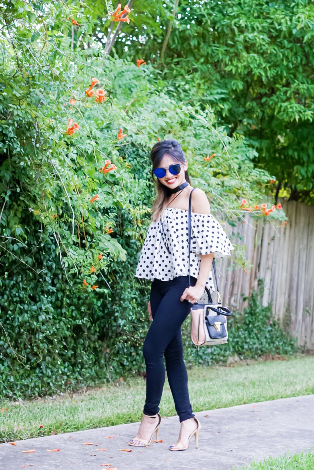 Blogging Photography Q&A, date night outfit, polka dots, off the shoulder tops.