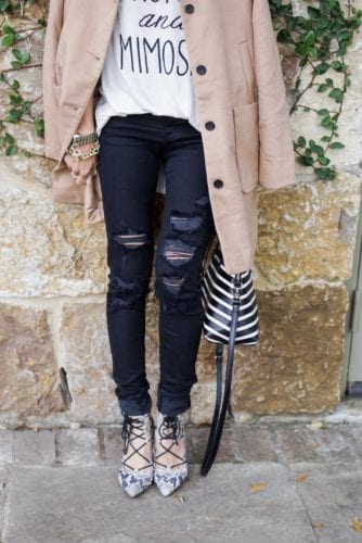camel peacoat, lace up heels, ripped black jeans
