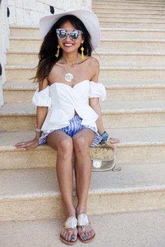 monogrammed necklace_ striped shirts_ white floppy hat_ summer outfit_ spring outfit