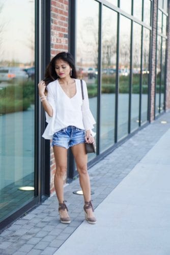 cut off short, lace up espadrilles, bell sleeves 