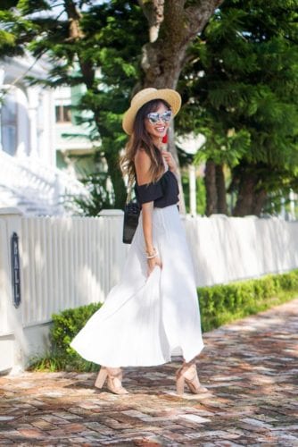 pleated skirt, summer look, off the shoulder, black top, boat hat, lace up heels, quay sunglasses