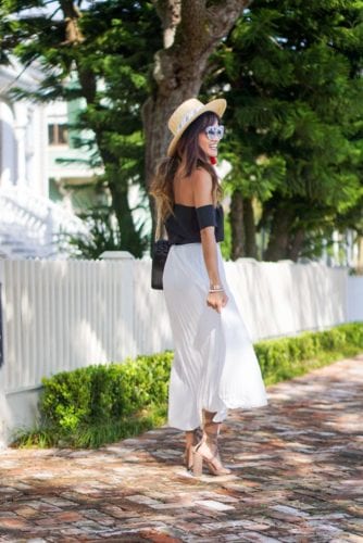Galveston island, pleated skirt, spring style, summer fashion, off the shoulder black top