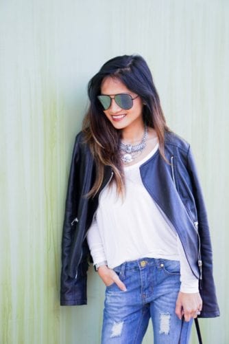 quay sunglasses, leather jacket, casual outfit