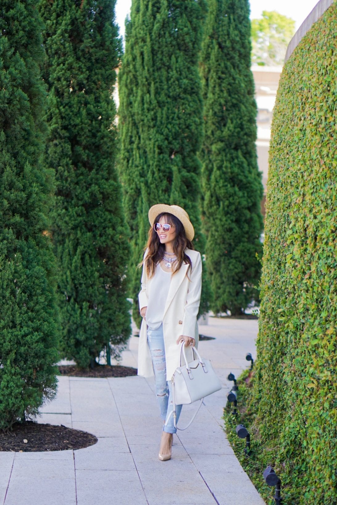 ripped jeans, outfit, light wash jeans, blazer, white blazer, nude heels