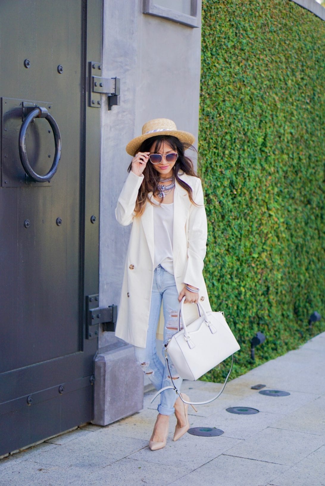 nude heels, destructed jeans, ripped jeans, buckle, chicwish, blazer, boat hat, spring style, summer style, givenchy bag 