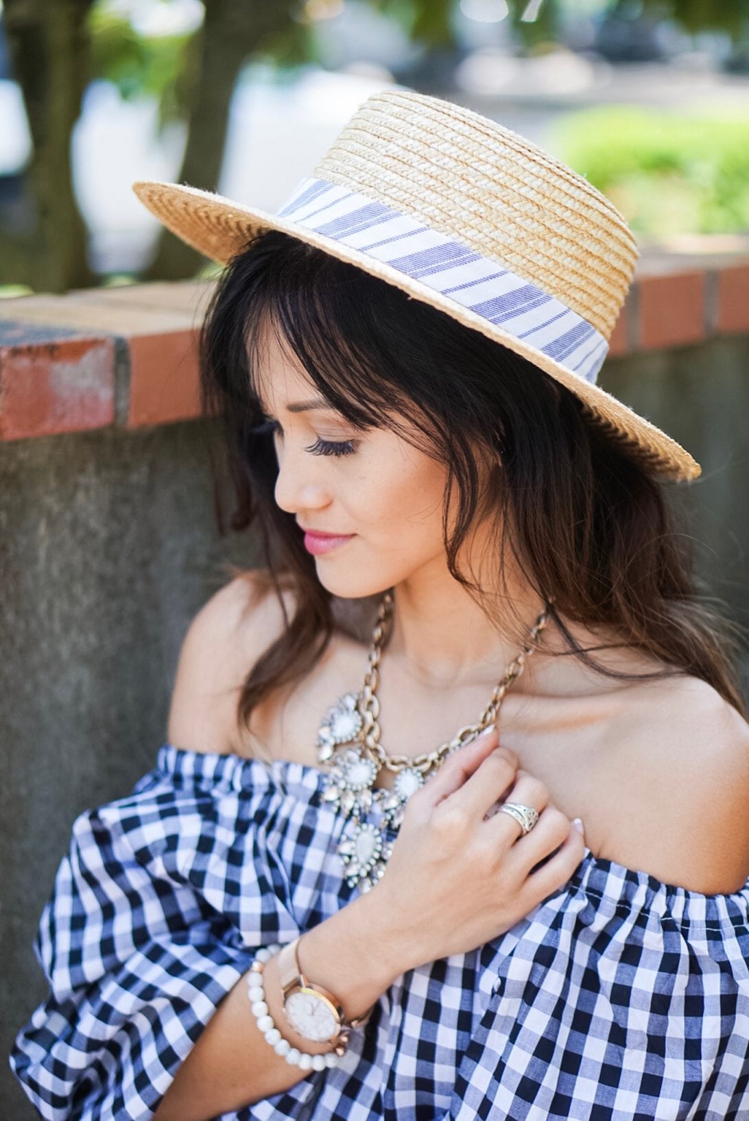boat hat, boater hat, statement necklace, christian paul watches, off the shoulder top 