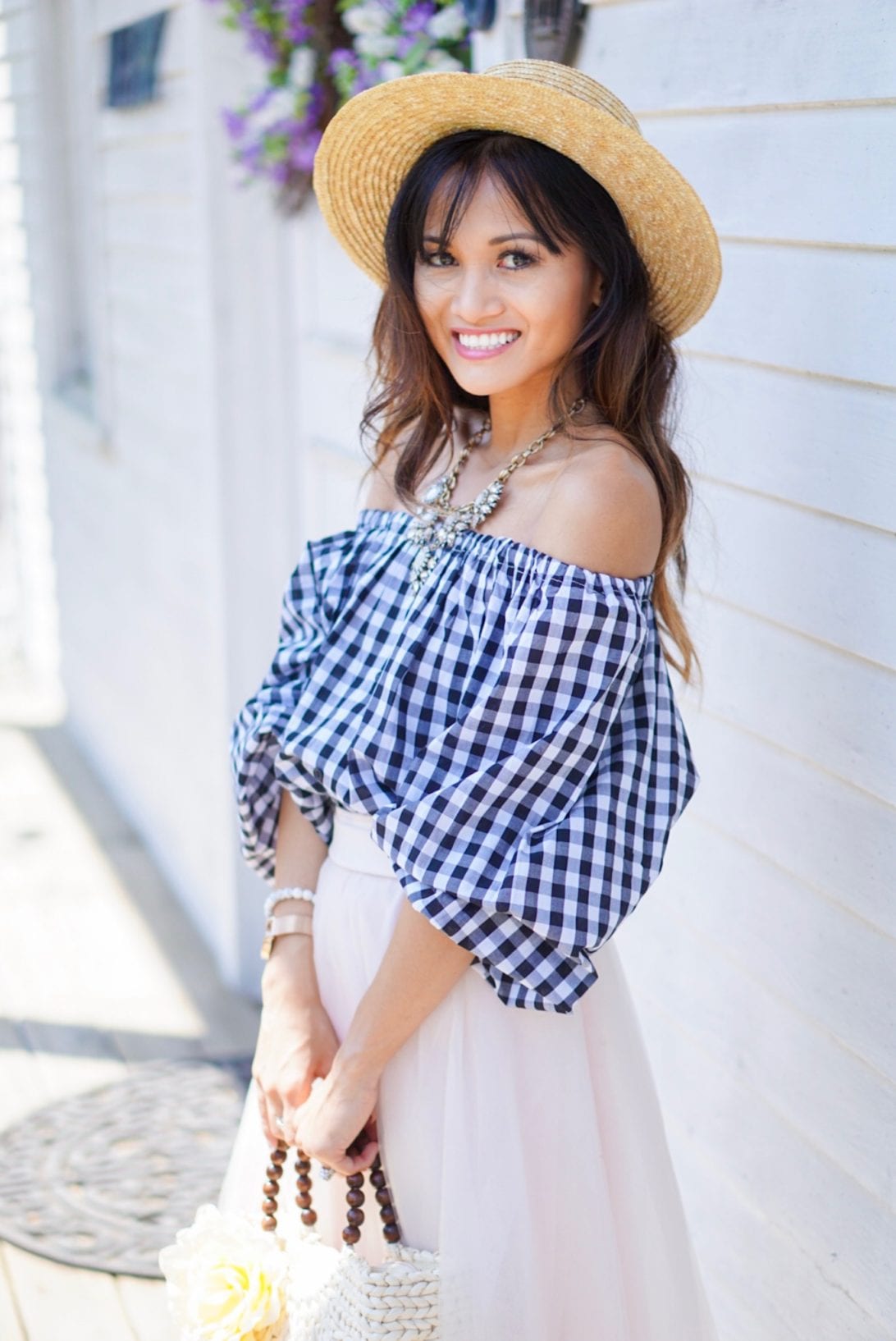 gingham top, off the shoulder, spring outfit, easter outfit, boat hat, tulle skirt