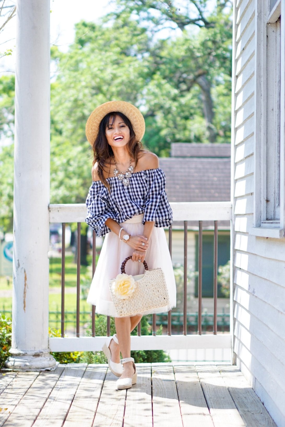 gingham top, straw hat, pink tulle skirt, white wedge espadrilles, off the shoulder, spring outfit