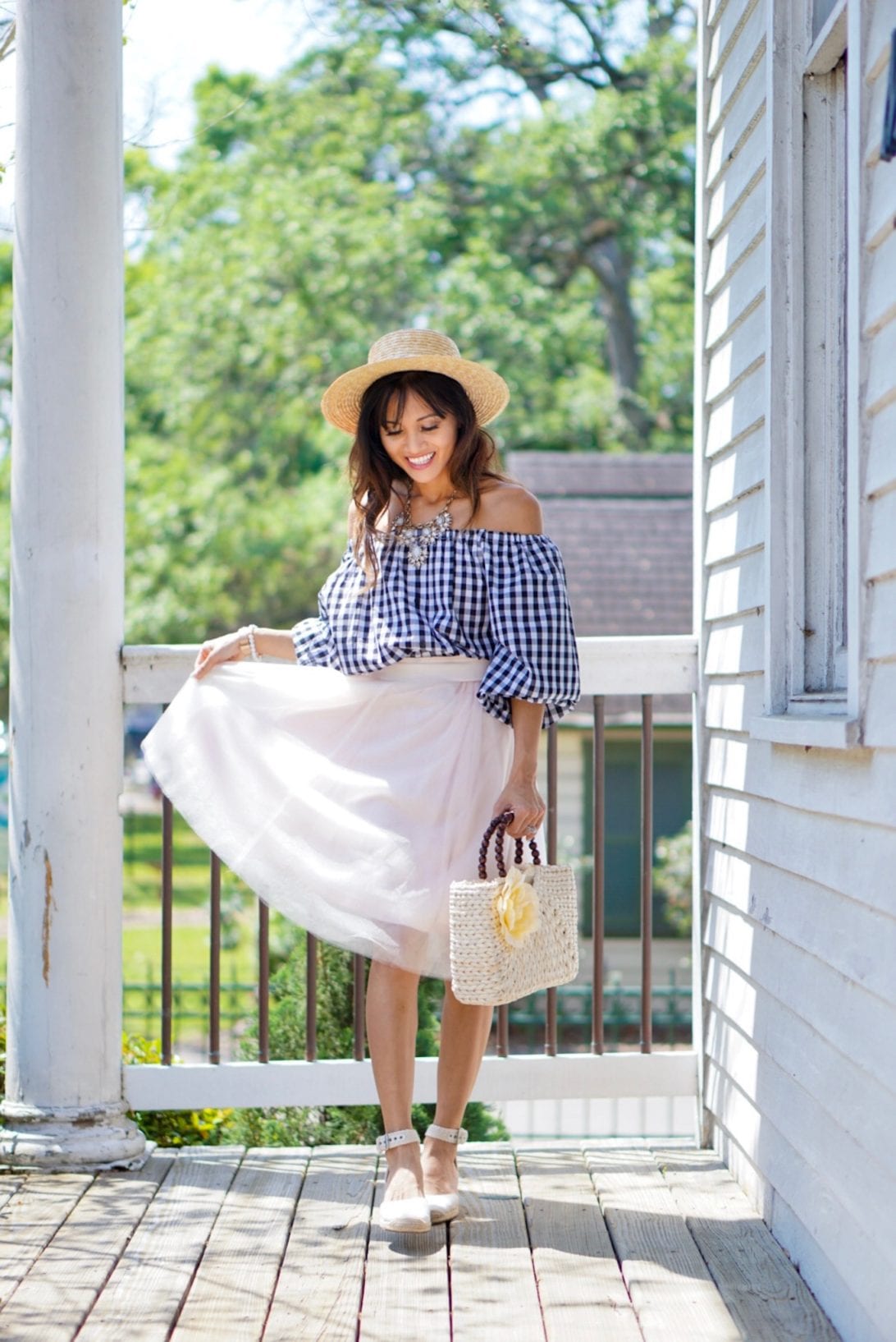spring outfit, sunday best, summer style, summer outfit, of the shoulder top, straw bag 