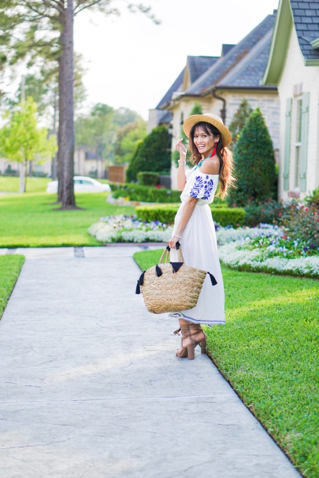 picnic outfit, straw tassel bag, blue embroidered dress, easter dress