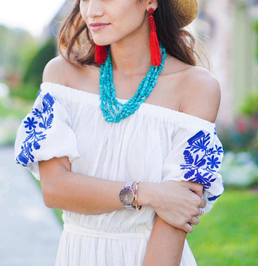 red tassel earrings, turquoise necklace, daniel wellington watch, blue embroidery 