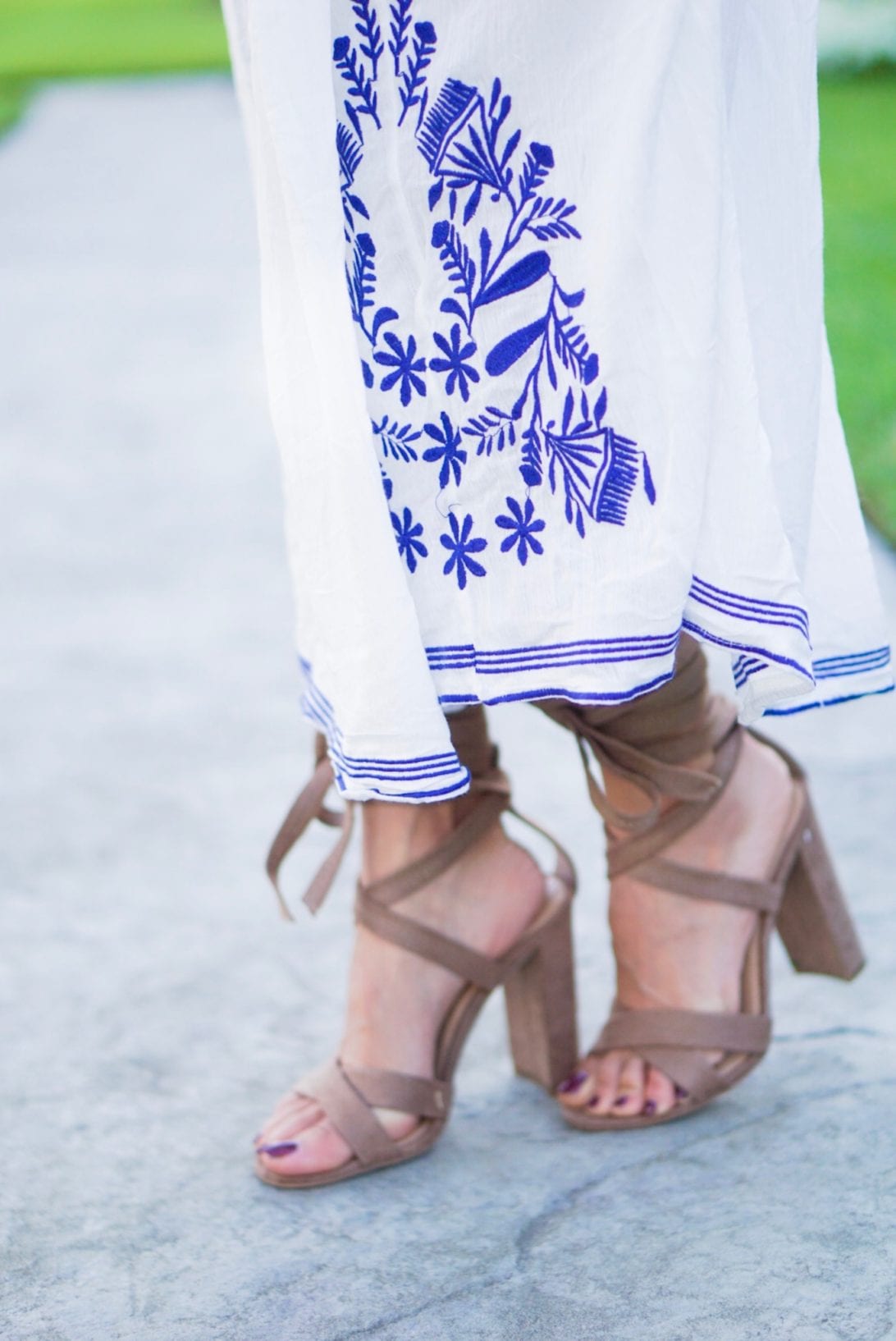 blue embroidery, maxi dress, summer dress, beach outfit, lace up steve madden heels, summer shoes, spring shoes
