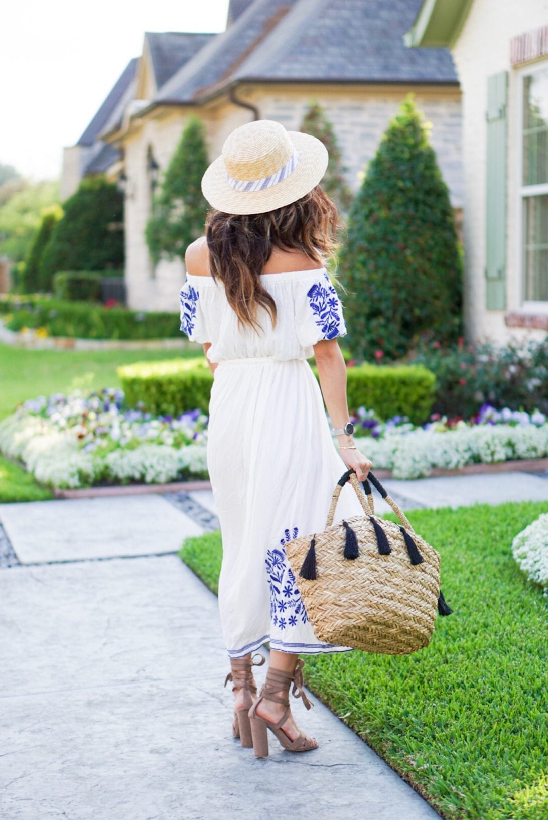 chicwish, embroidered dress, maxi dress, easter dress, beach dress, straw bag, straw hat, boater hat, laceup heels
