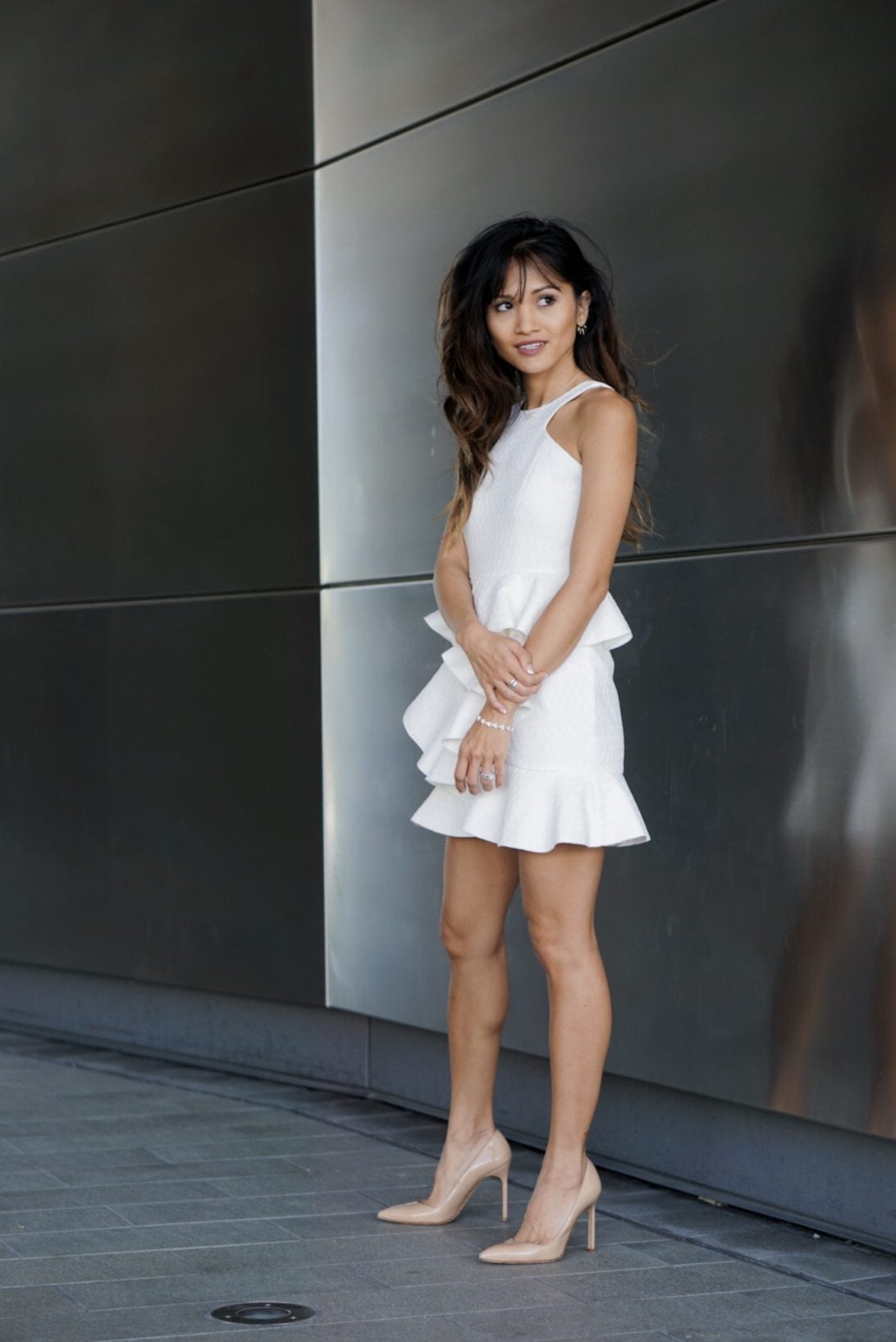 nude heels, white dress, lwd, cocktail attire, ruffle dress