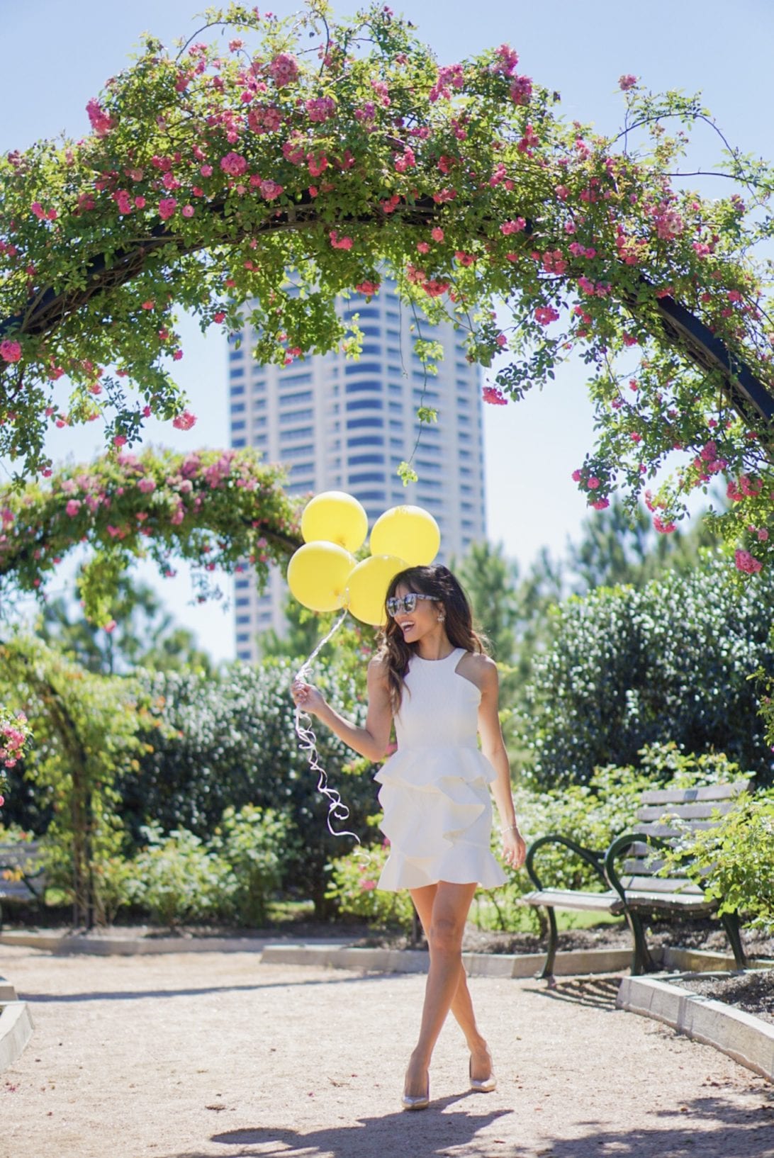 birthday outfit, balloons, park, white ruffle dress
