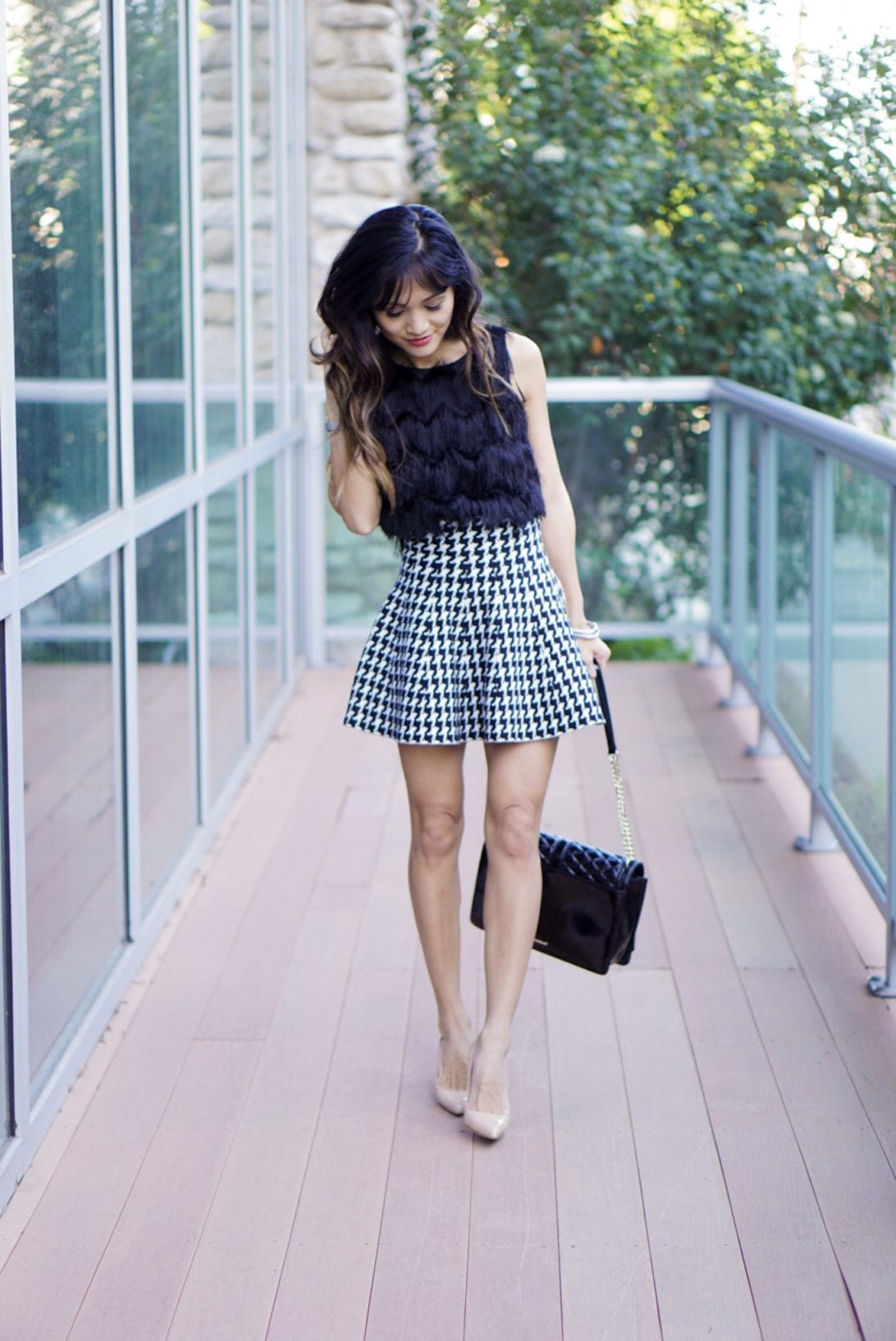 houndstooth skirt, nude heels