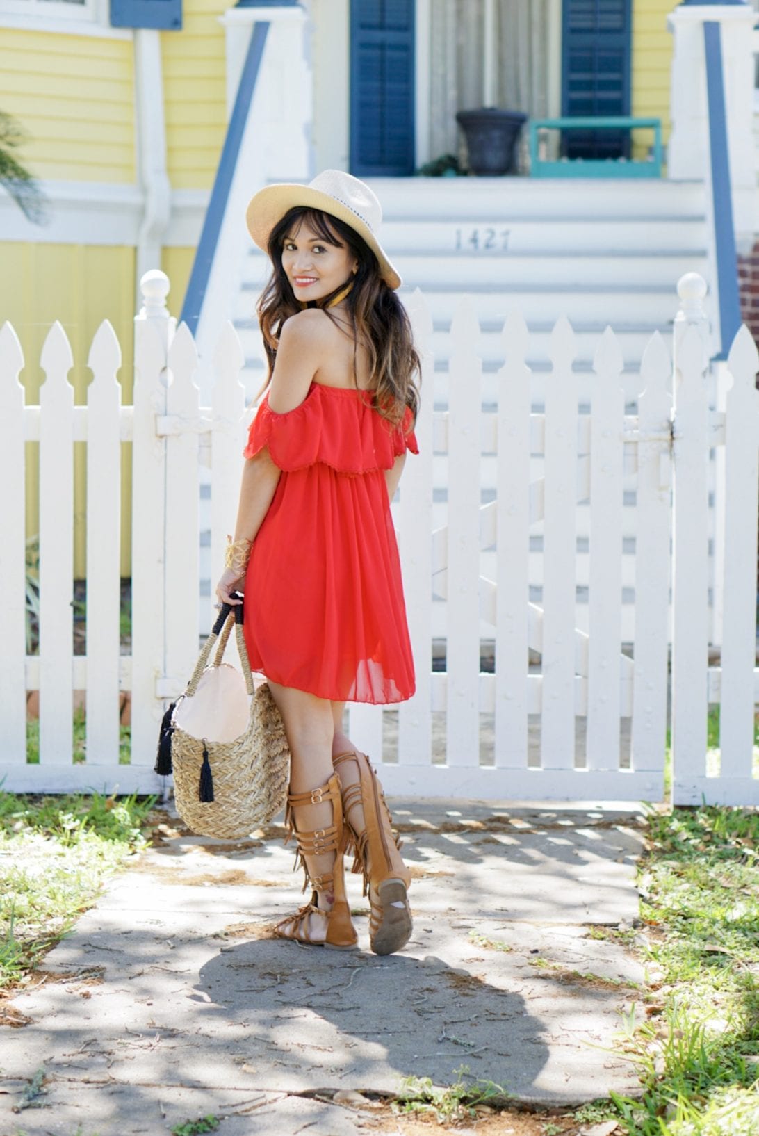 chicwish, red dress, off the shoulder dress