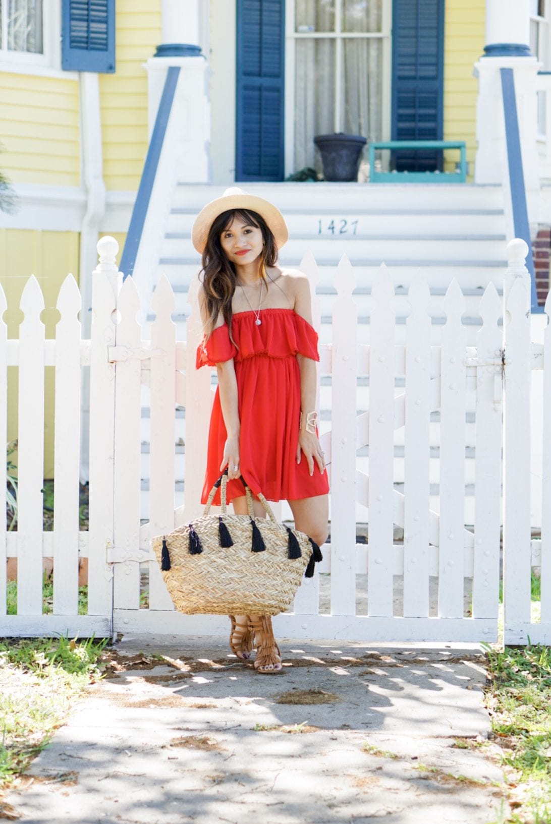 galveston, white picket fence, red beach dress, summer look, summer outfit