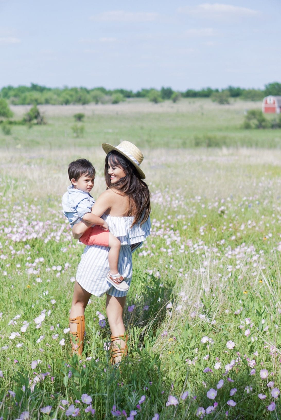 bluebonnet festival, chappell hill, striped off the shoulder romper, boat hat, mommy and me