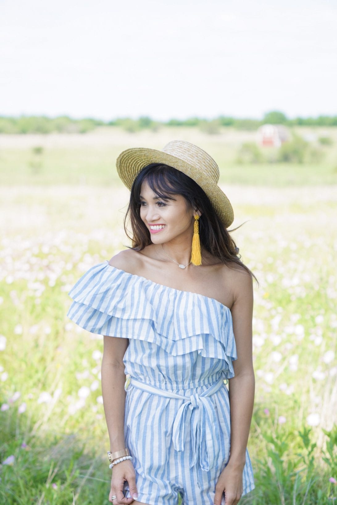 off the shoulder romper, ruffle romper, yellow tassel earrings, boat hat, summer style, spring style, easter outfit