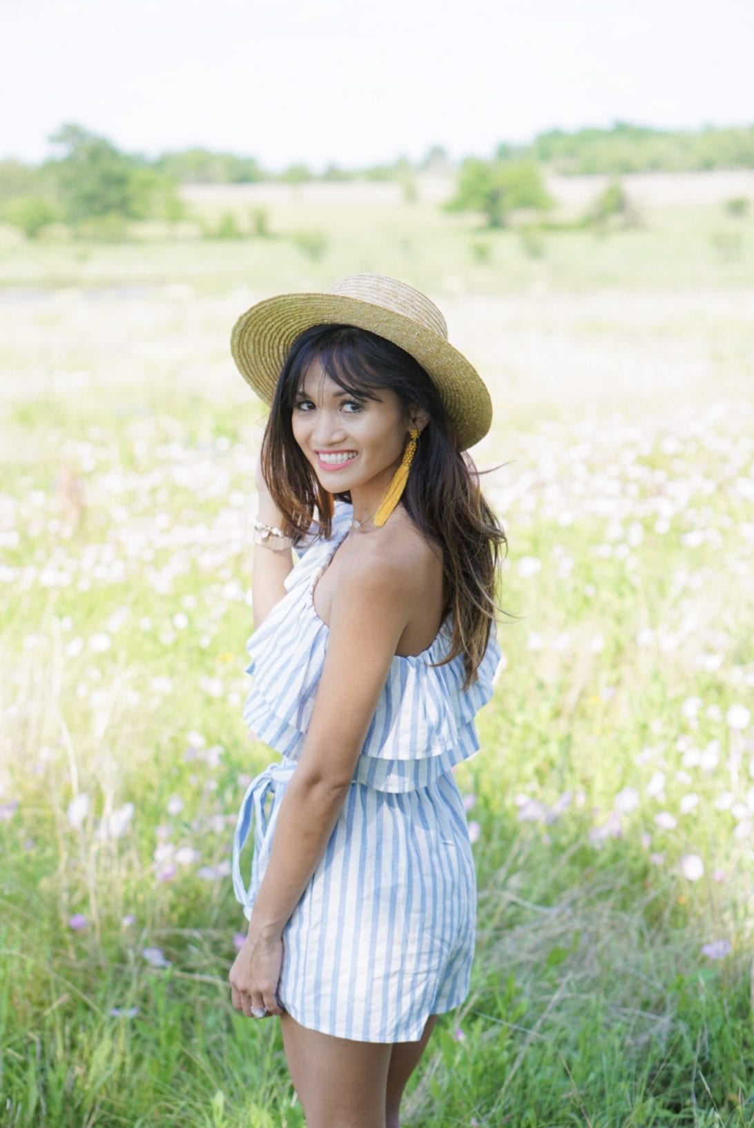 ruffle romper, boat hat, tassel earrings, summer style