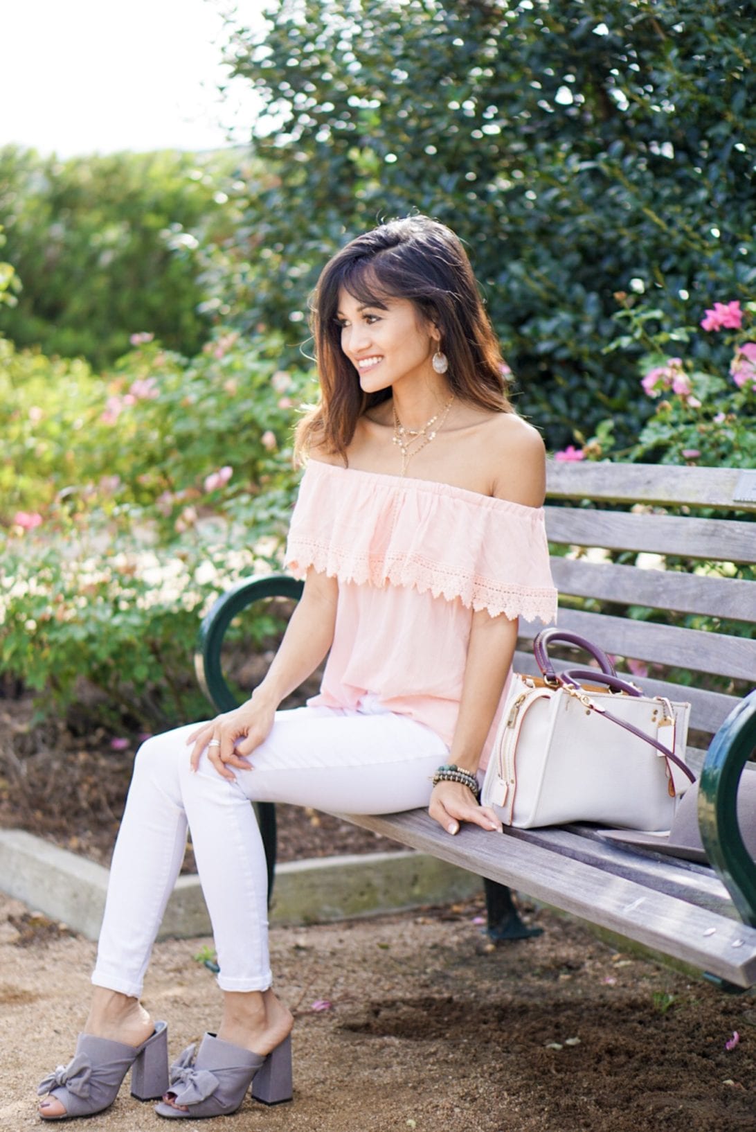 park bench, coach bag, spring collection, rogue, white jeans, skinny jeans, bow mules, asos, charming charlie