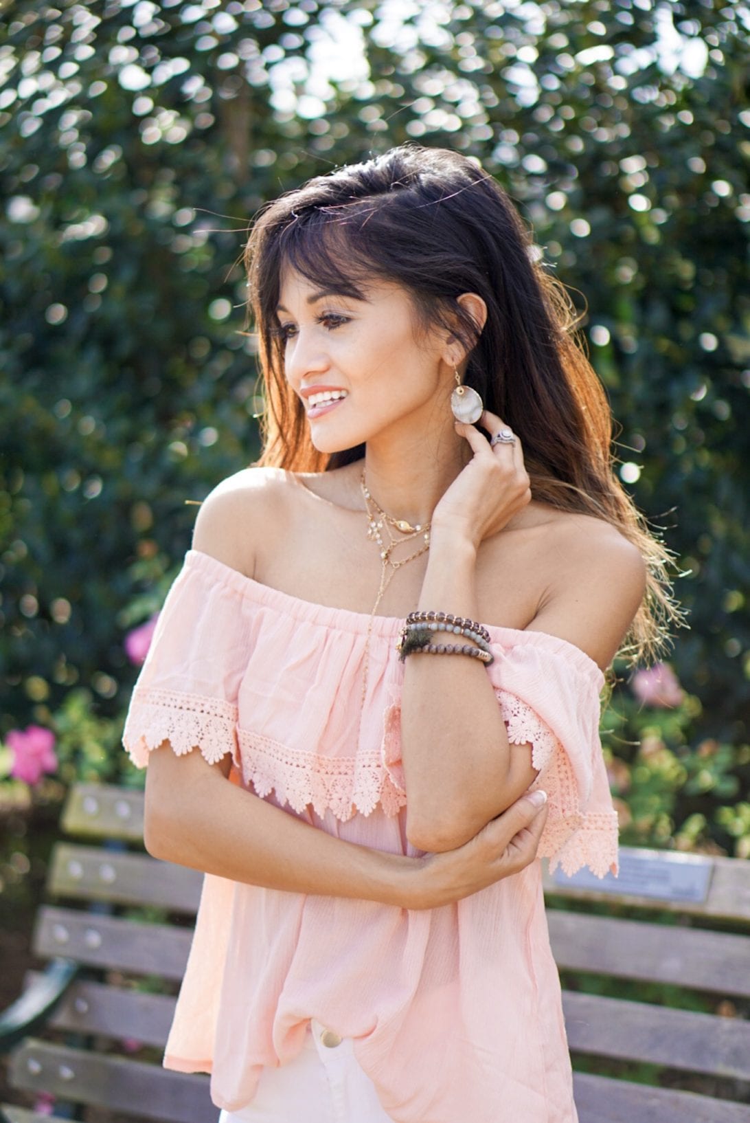off the shoulder lace top, peach top, summer style. outfit, charming charlie 