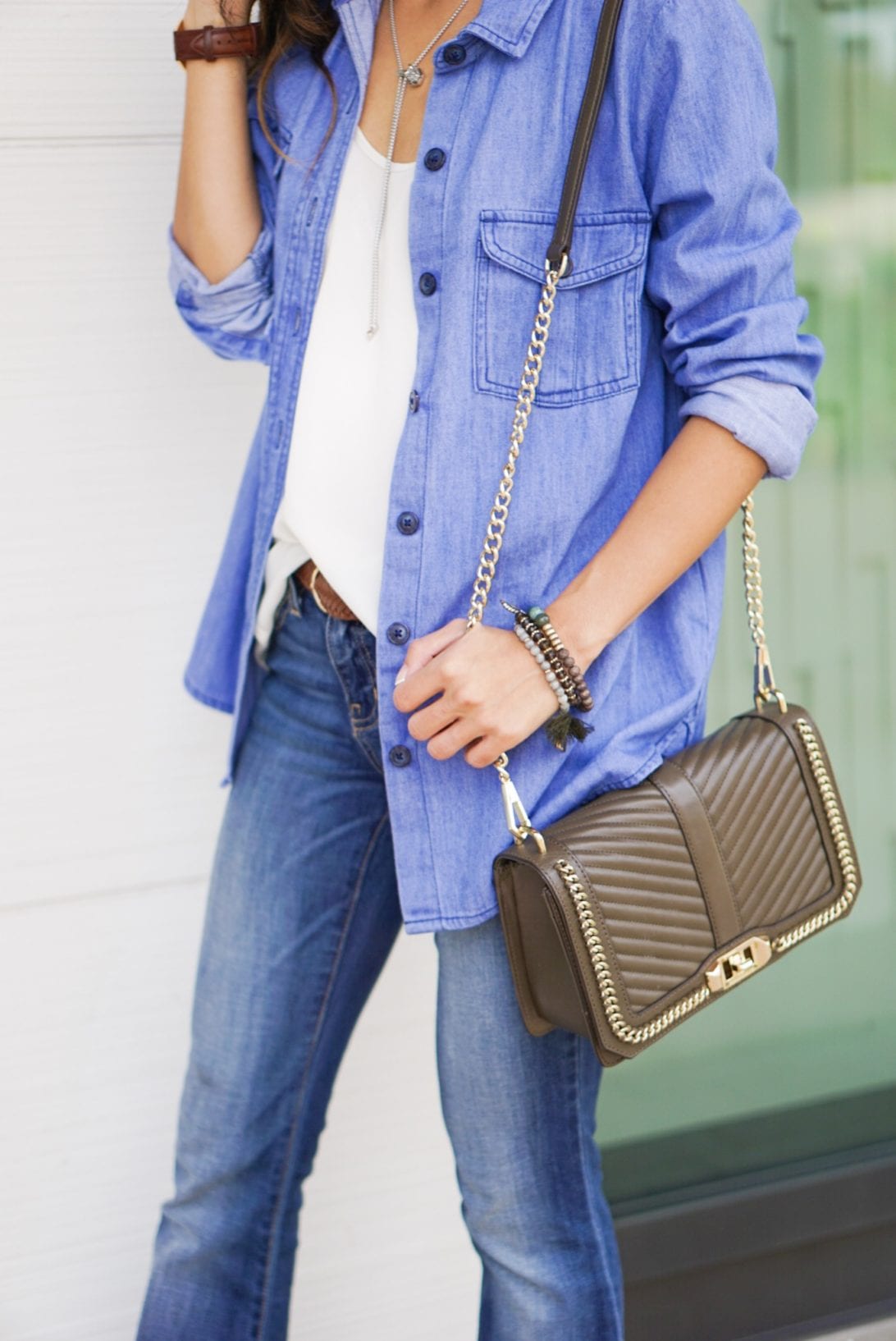 rebecca minkoff bag, old navy denim shirt