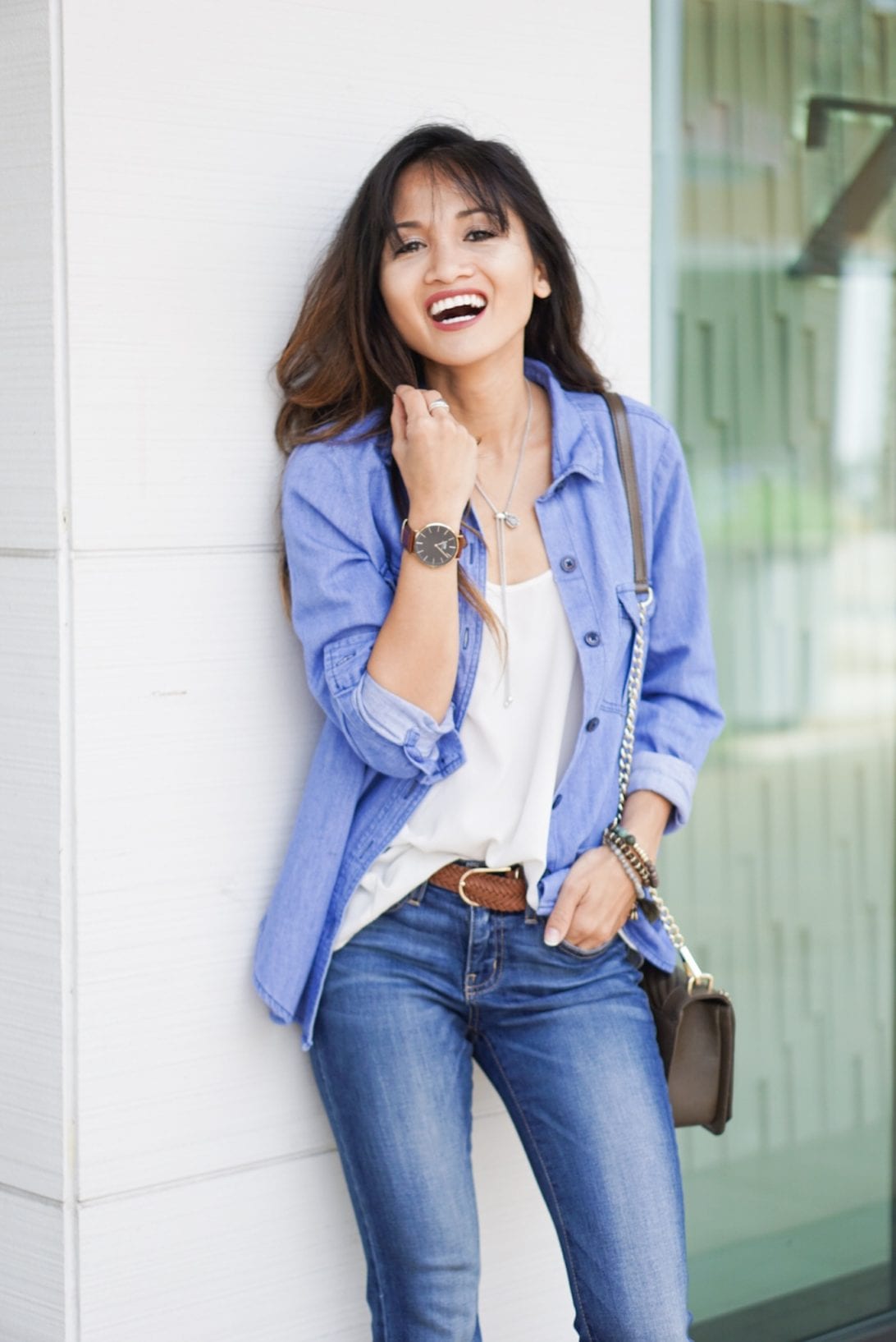 daniel wellington watch, chambray top, blue jeans