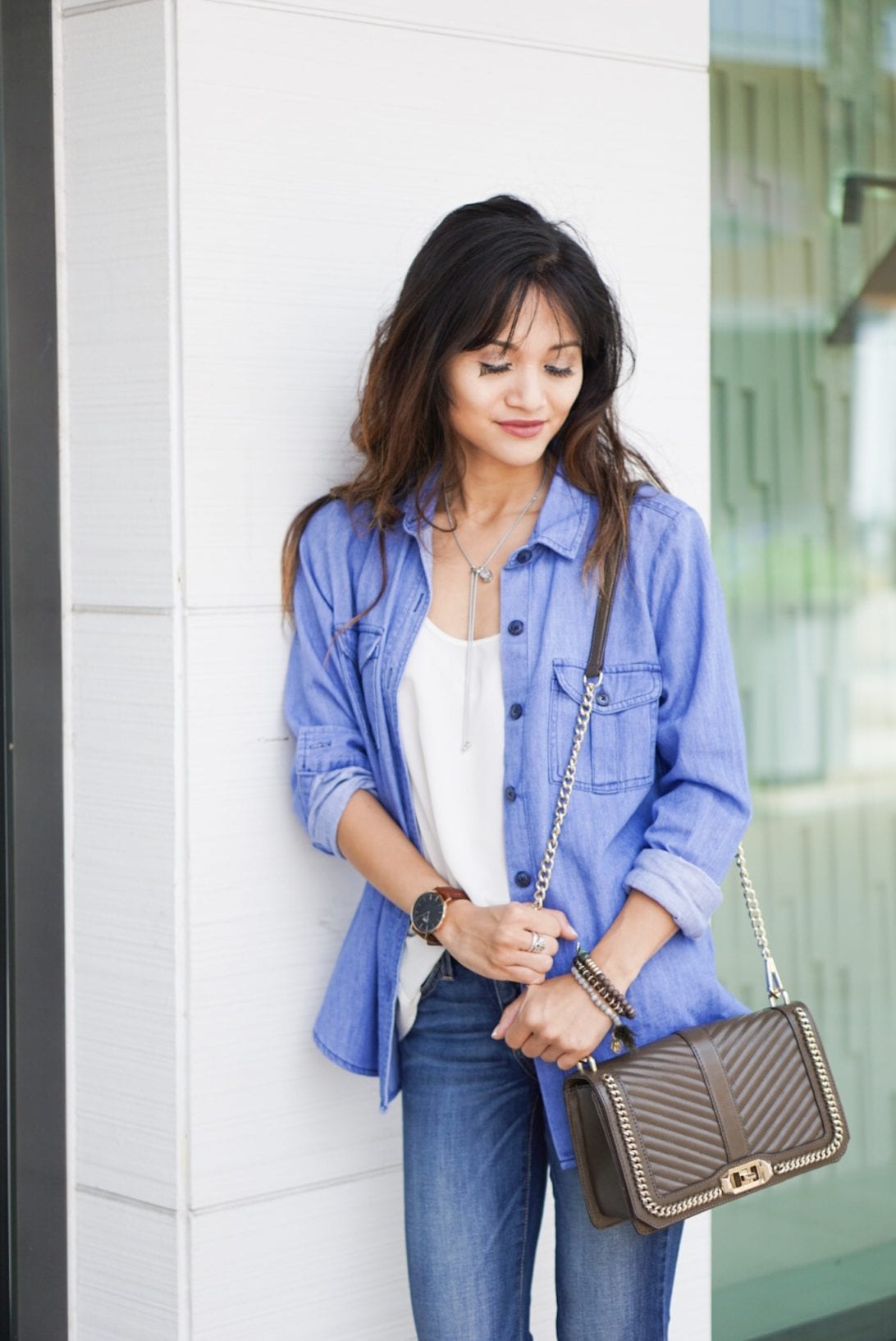 old navy denim shirt, chambray shirt, cross body love bag, rebecca minkoff