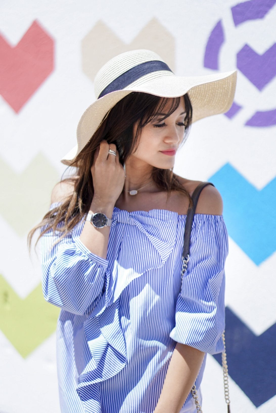 daniel wellington watch, summer hat, bow off the shoulder top, kendra scott