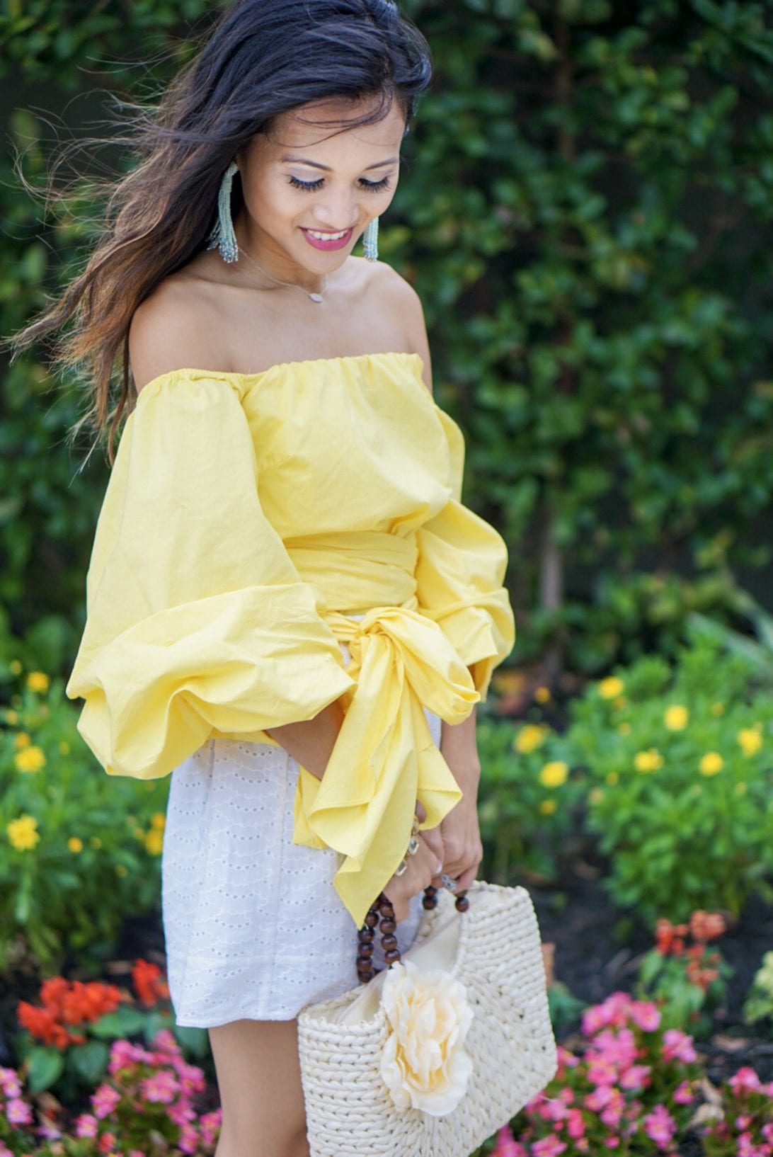 yellow off the shoulder wrap top, bow tie blouse, charming charlie, tassel earrings