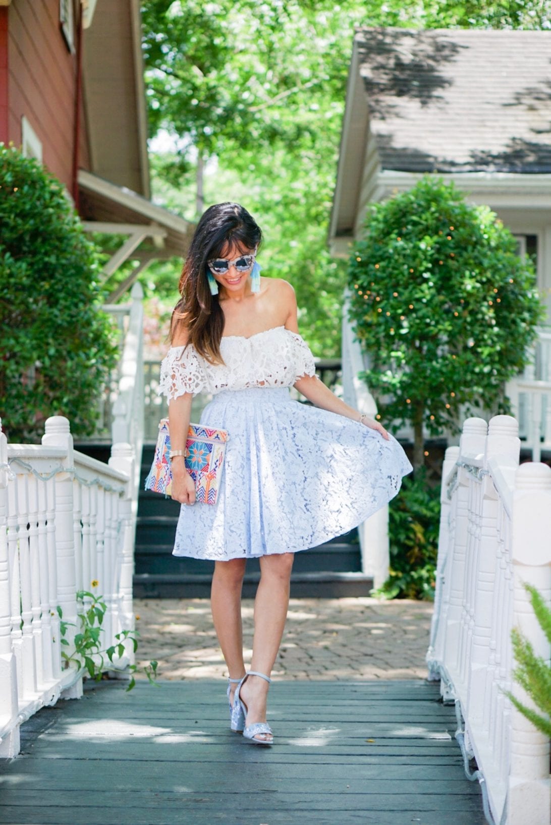 lace skirt set, chicwish, bow mule shoes, summer style, sunday best, lace skirt, lace top, tier earrings, embroidered clutch, block heels, embroidered heels