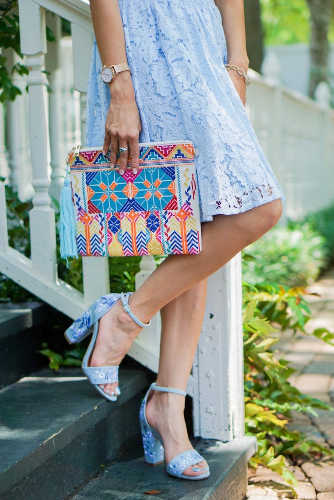 lace skirt, embroidered clutch, embroidered heels