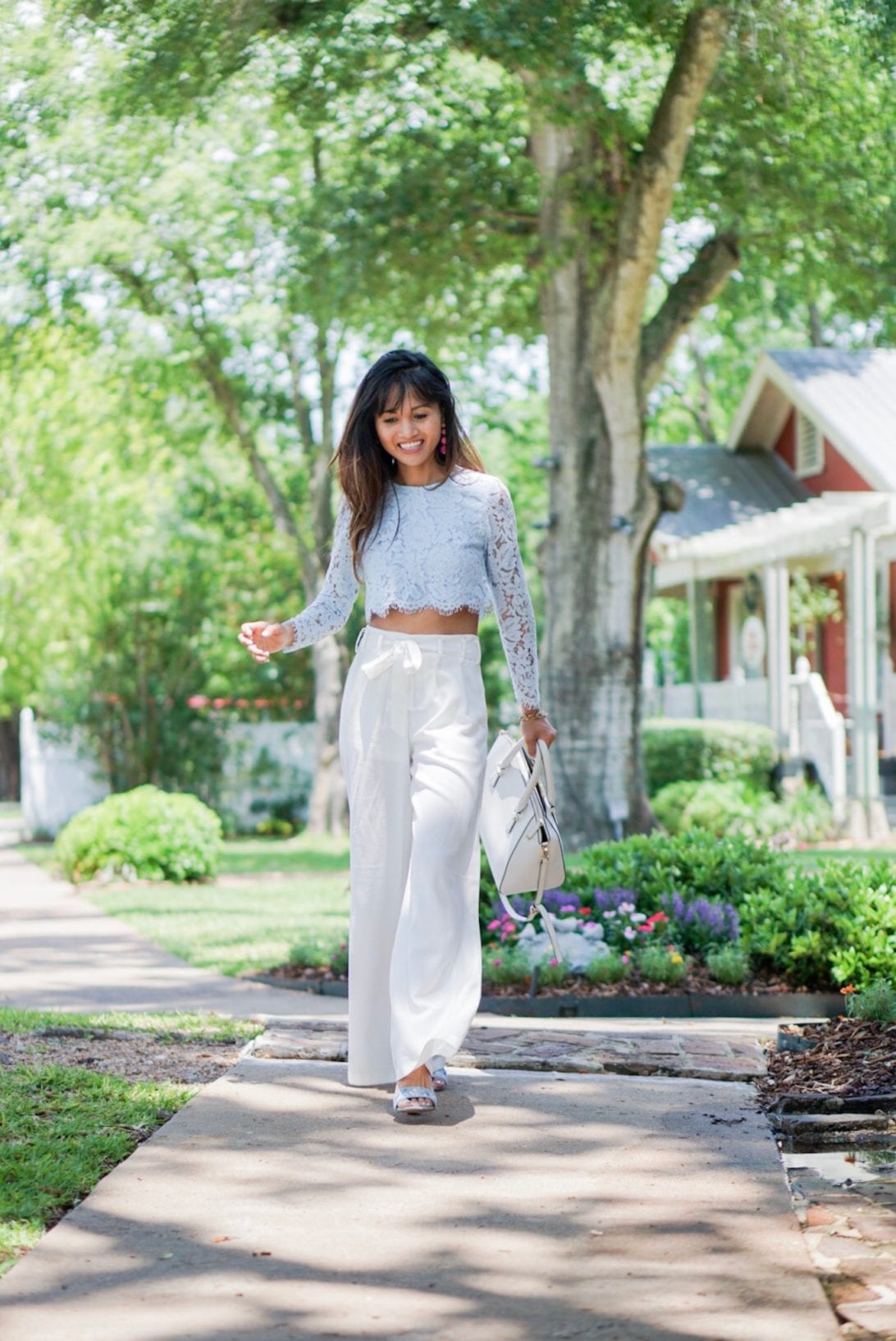 lace top, chicwish. pink earrings, front tie pants, trouser pants, wide leg pants, white pants