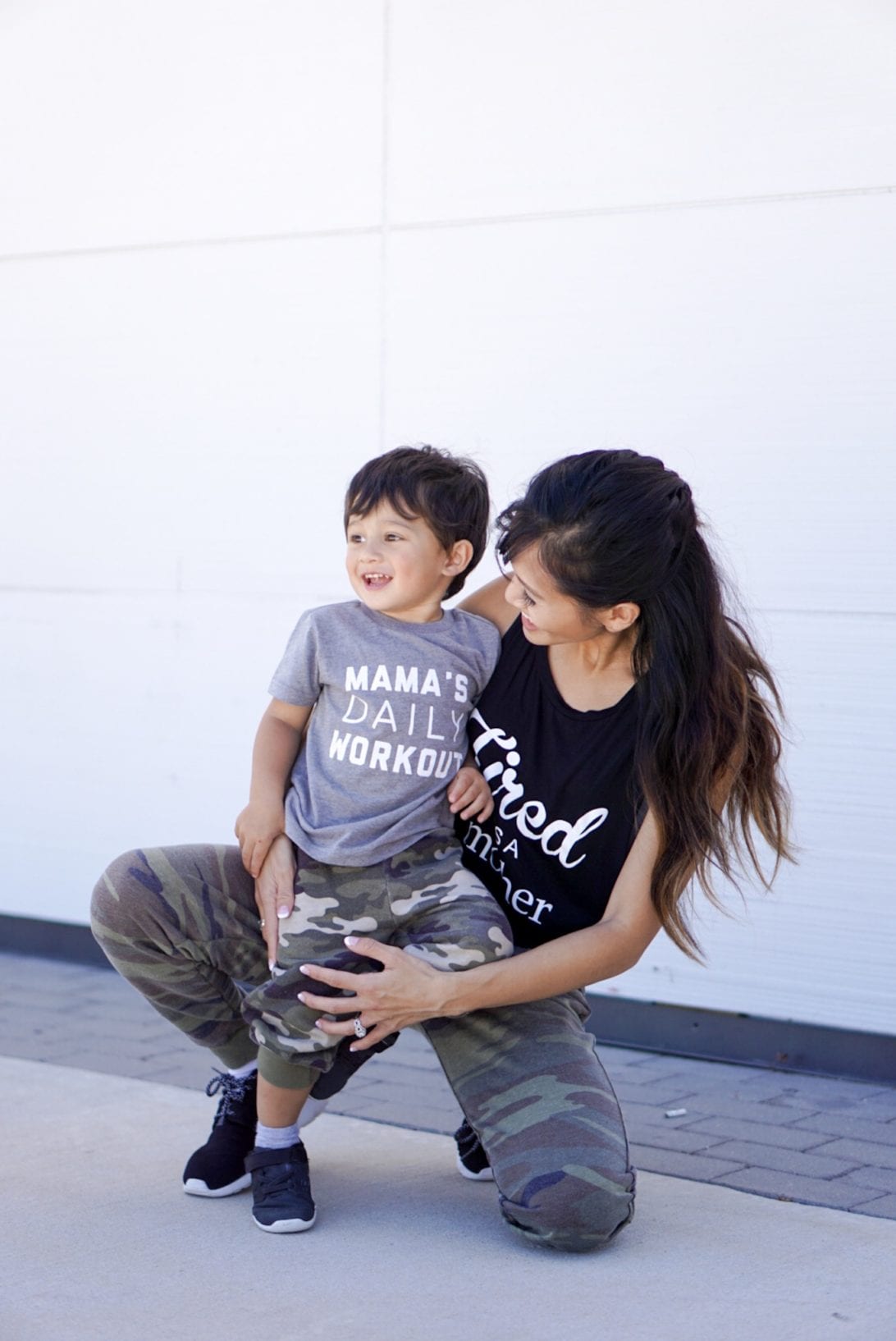mommy and me outfits, boy mom, camo pants, black nike, mama's daily workout, tired as a mother