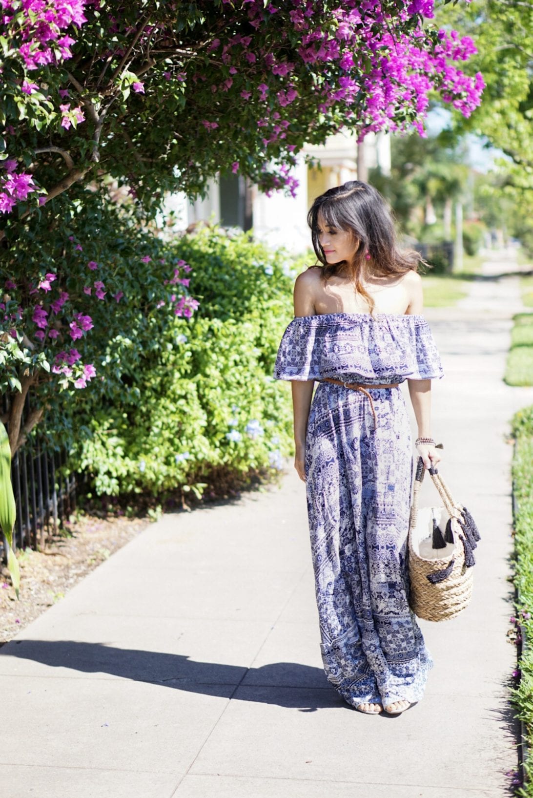 off the shoulder dress, maxi dress, straw bag