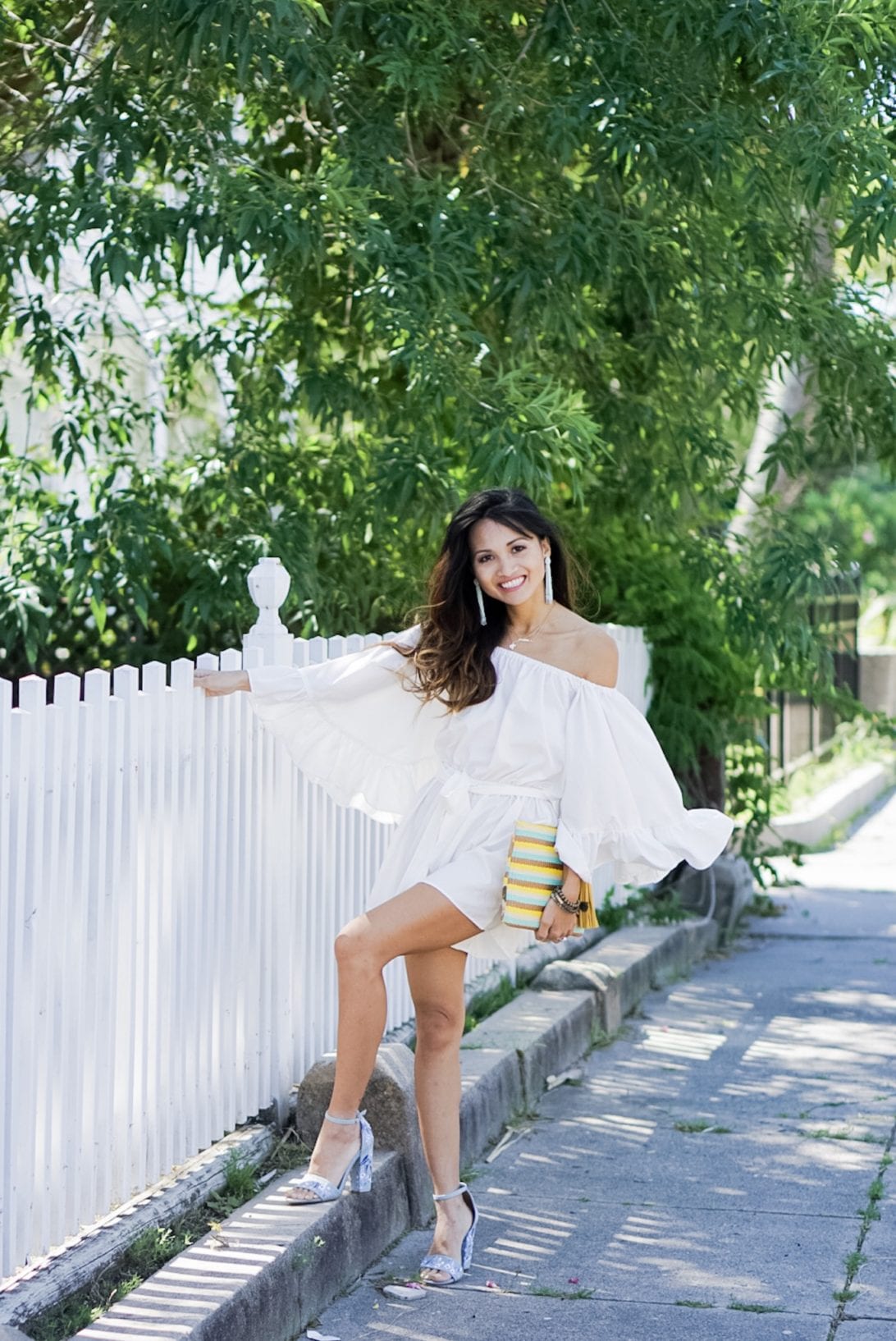 White Ruffle Romper by Houston fashion blogger Dawn P. Darnell , chicwish, tassel earrings, summer outfit, rompers, white romper