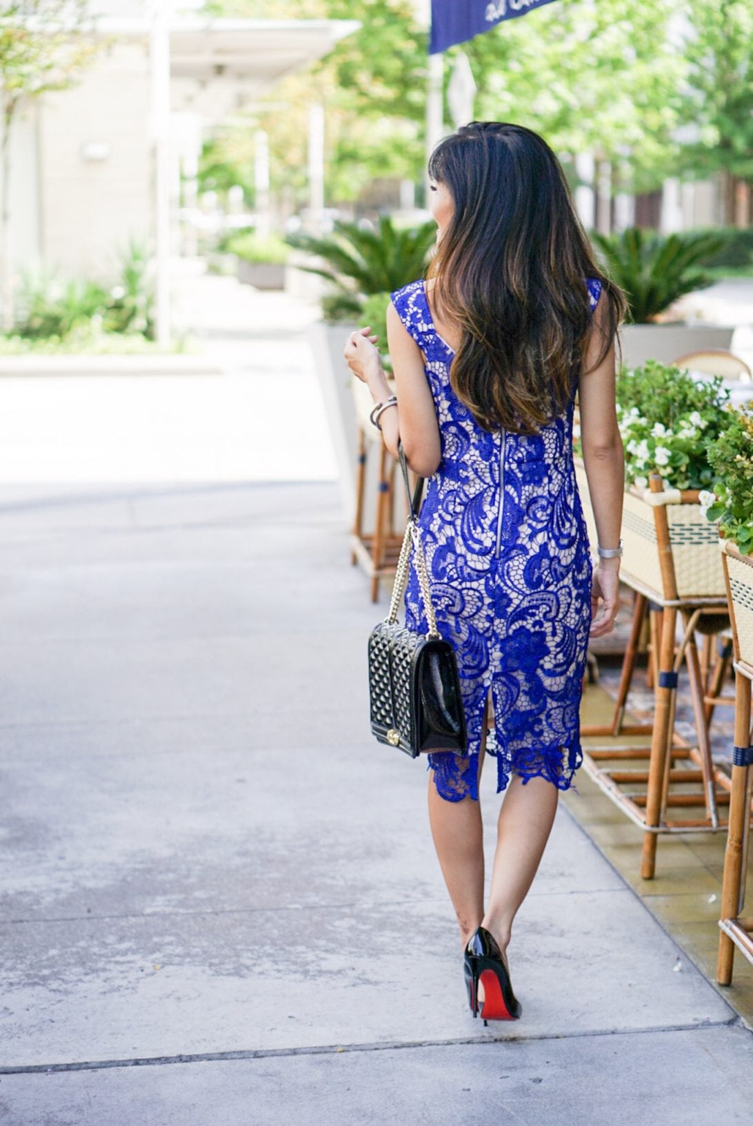 LACE OVERLAY COCKTAIL DRESS, ROYAL BLUE, black patent pumps, christian louboutins, rebecca minkoff crossbody bag, jumbo love crossbody