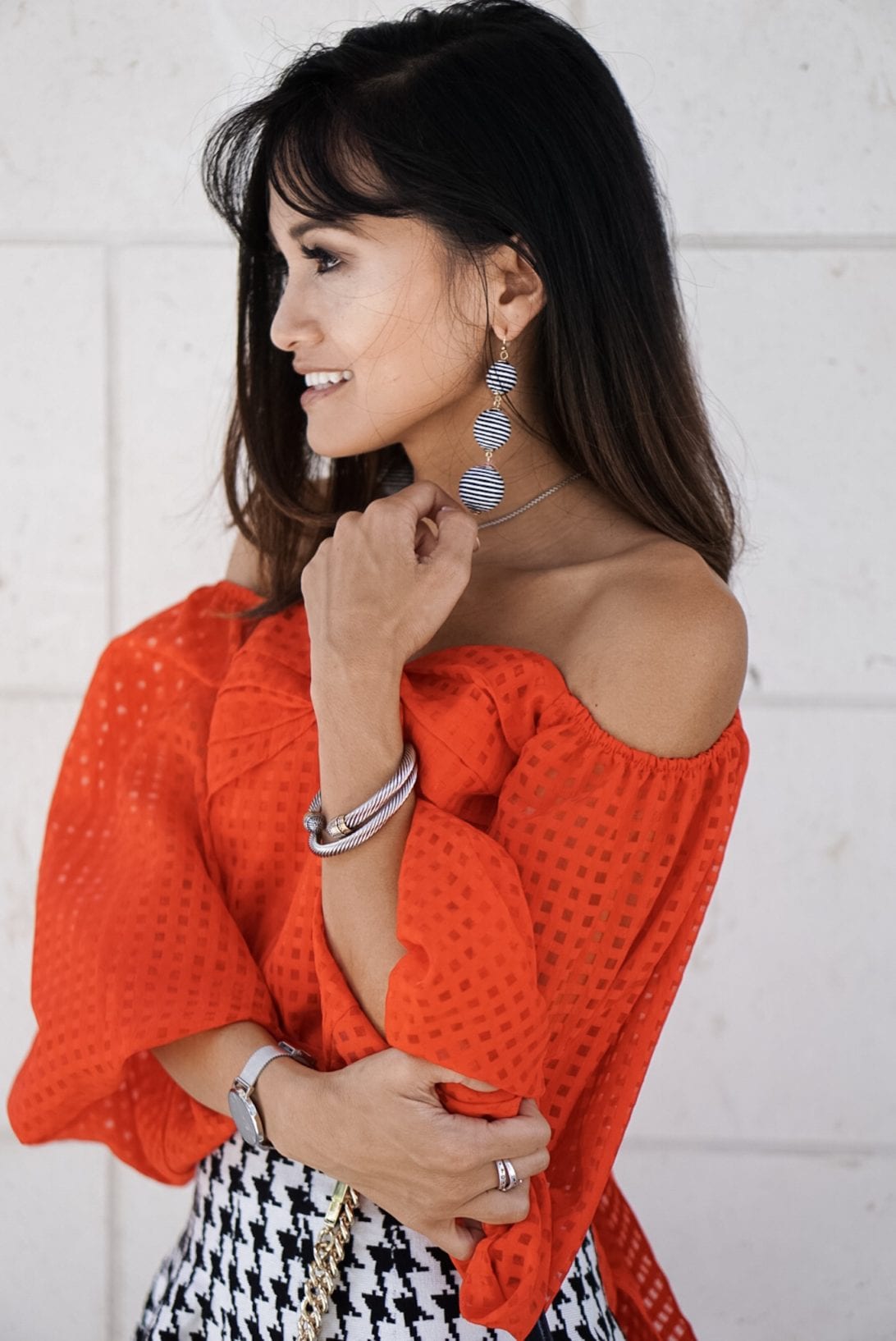 red off the shoulder top, puff sleeves, austin earrings, charming charlie, blush and stone boutique