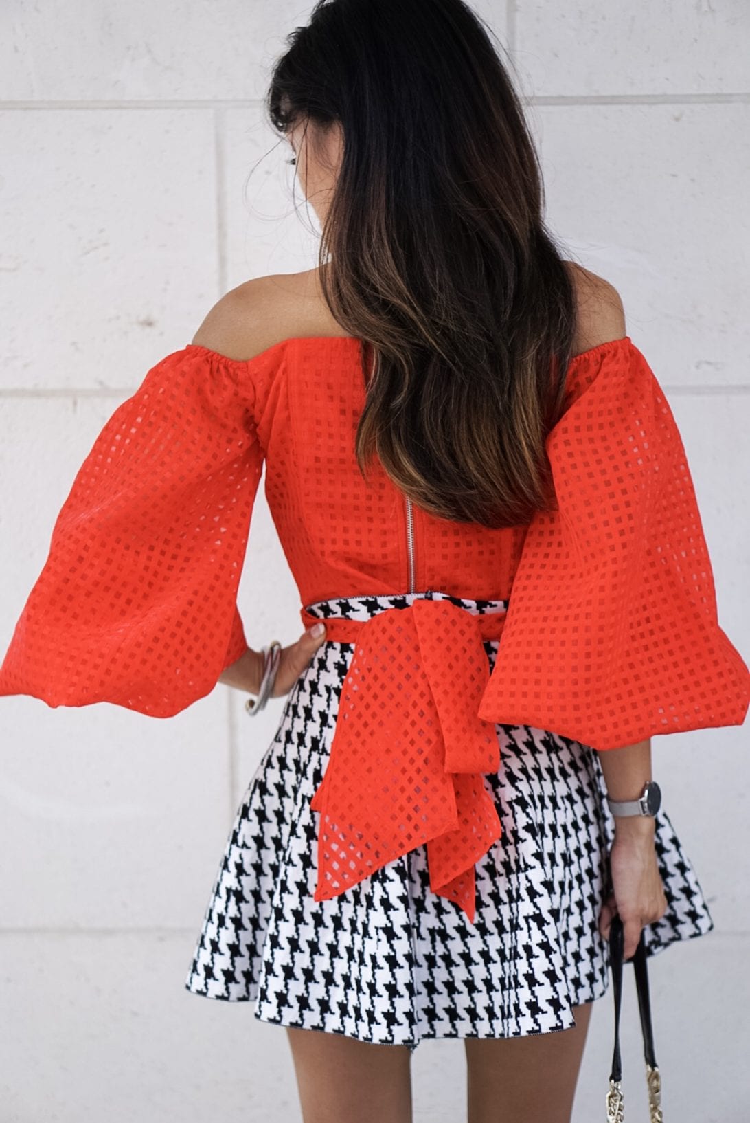RED OFF THE SHOULDER BASKET WEAVE TOP WITH BOW TIE WAIST, houndstooth skirt, puff sleeves, love cross body bag, flap bag, 