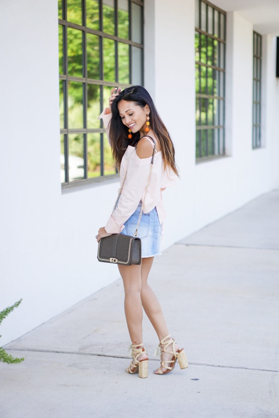 LONG SLEEVE COLD SHOULDER BUTTON UP WITH PLEATED OPEN BACK AND BOW DETAIL, PEACH, denim skirt, rebecca minkoff cross body bag, bauble ball earrings, mia heels