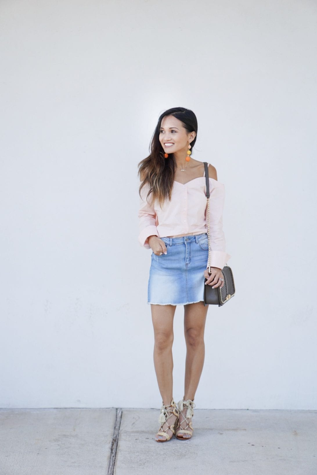 LONG SLEEVE COLD SHOULDER BUTTON UP WITH PLEATED OPEN BACK AND BOW DETAIL, PEACH, denim skirt, rebecca minkoff cross body bag, bauble ball earrings, mia heels