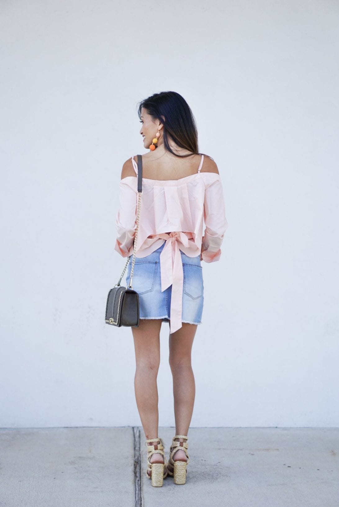LONG SLEEVE COLD SHOULDER BUTTON UP WITH PLEATED OPEN BACK AND BOW DETAIL, PEACH, denim skirt, rebecca minkoff cross body bag, bauble ball earrings, mia heels