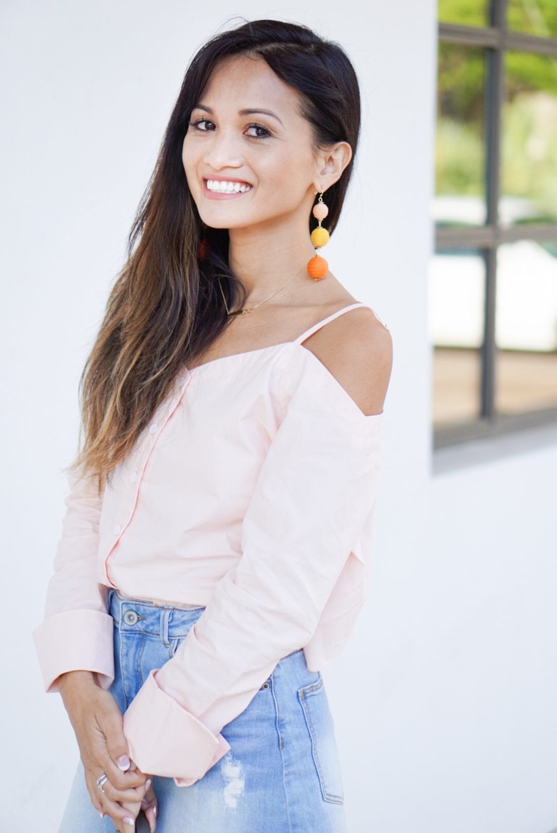 LONG SLEEVE COLD SHOULDER BUTTON UP WITH PLEATED OPEN BACK AND BOW DETAIL, PEACH, denim skirt, rebecca minkoff cross body bag, bauble ball earrings, mia heels