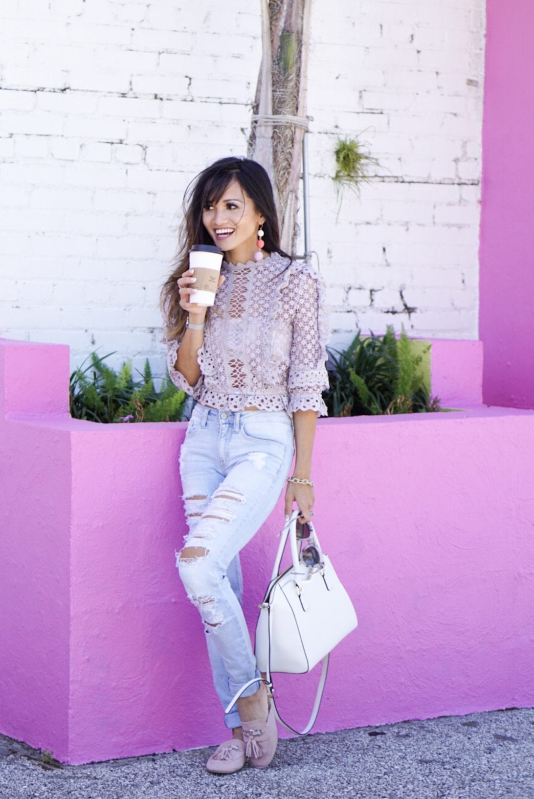 crochet top, chicwish, crop top, lilac, quay sunglasses, bauble ball earrings, ripped jeans, light washed jeans, buckle jeans