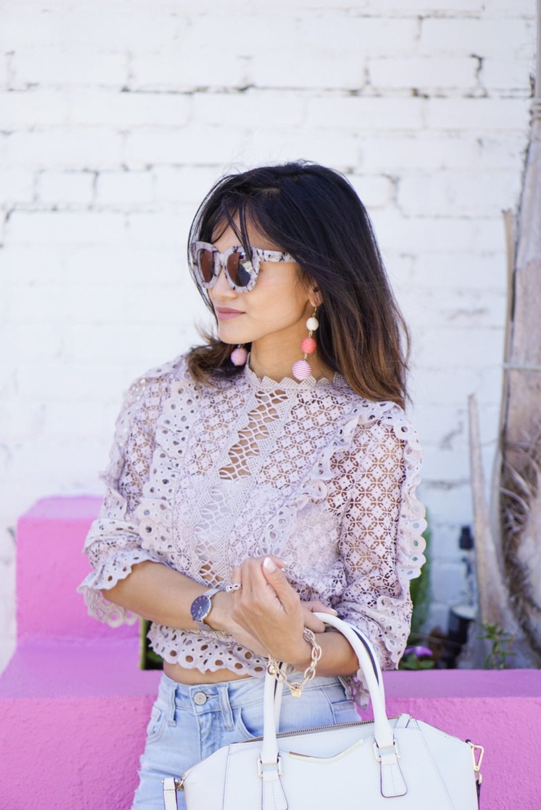 crochet top, chicwish, crop top, lilac, quay sunglasses, bauble ball earrings, daniel wellington